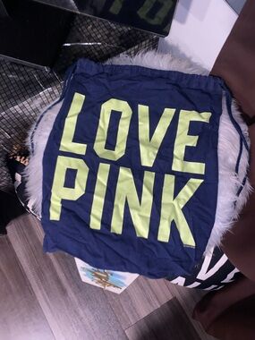 PINK Victoria's Secret Navy Drawstring Tote with Neon Yellow Logo